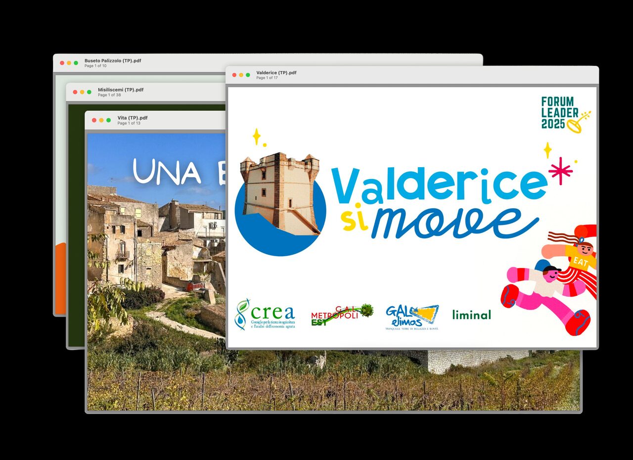 Four slide decks fanned out on a cream ground, the Valderice si move cover in front of a photograph of a Sicilian hill town